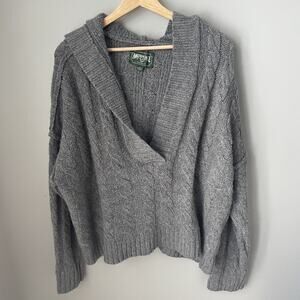 American Eagle Gray Cable Knit Sweater Womens Size‎ Large With Hood V Neck